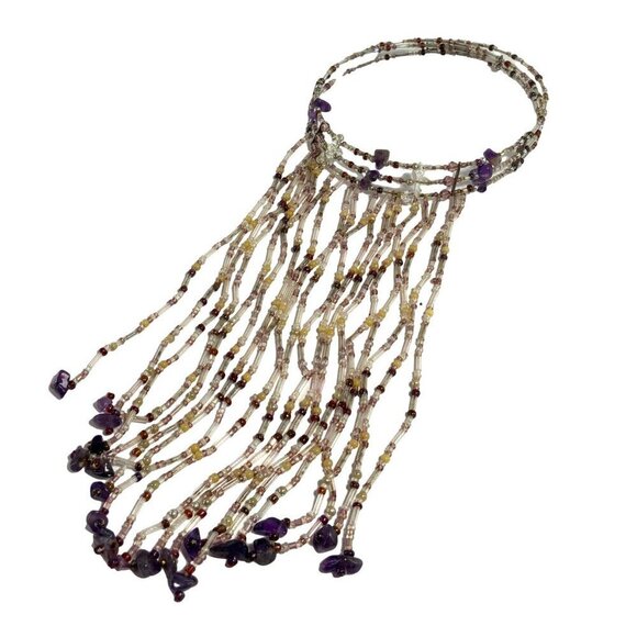 Beaded Multistrand Statement Necklace With Purple Gemstones & Fringe Design - Picture 2 of 2